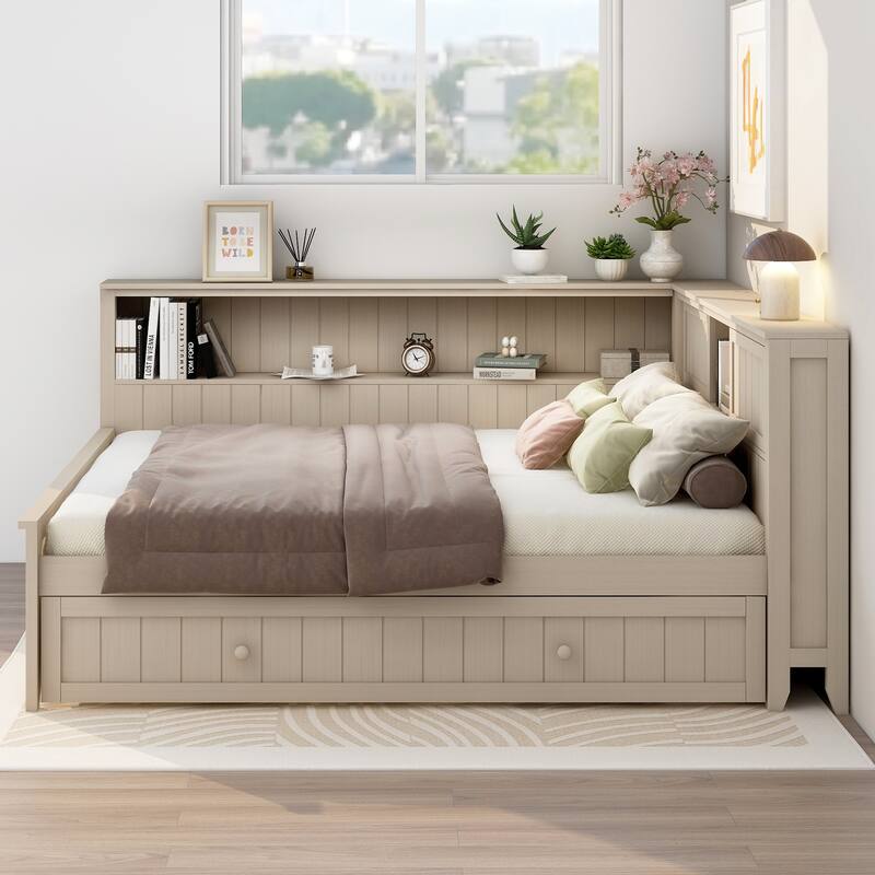 Full Size L Shaped Daybed with Twin Trundle, Wood Sofa Bed Frame with Storage Shelves and Slats Support, No Box Spring Needed - Ancient White - Full
