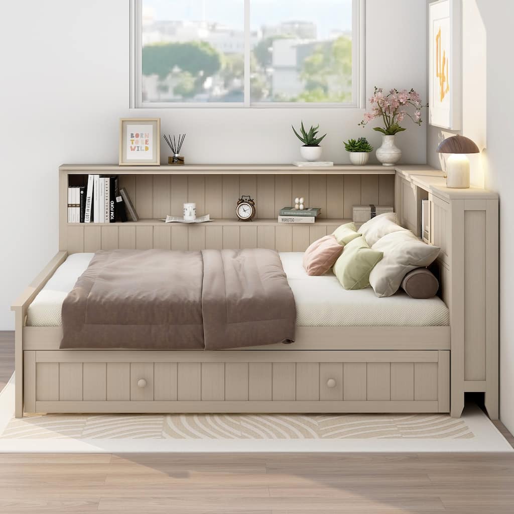 Full Size L Shaped Daybed with Twin Trundle, Wood Sofa Bed Frame with Storage Shelves and Slats Support, No Box Spring Needed