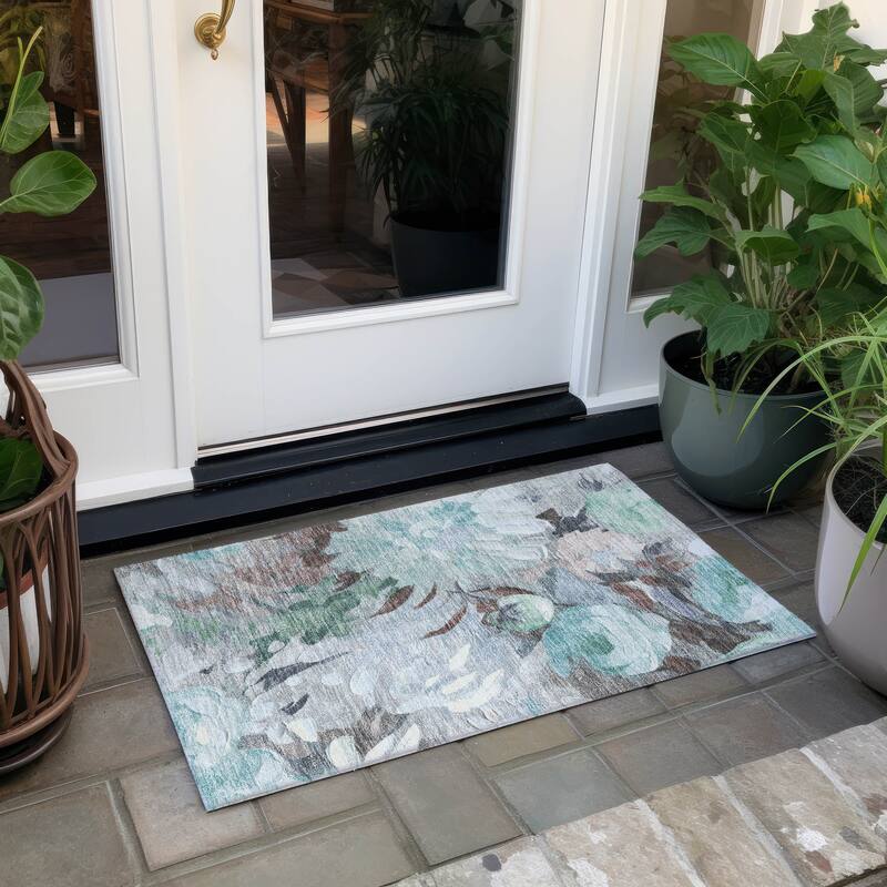 Machine Washable Indoor/ Outdoor Watercolor Floral Chantille Rug - Teal - 1'8" x 2'6"