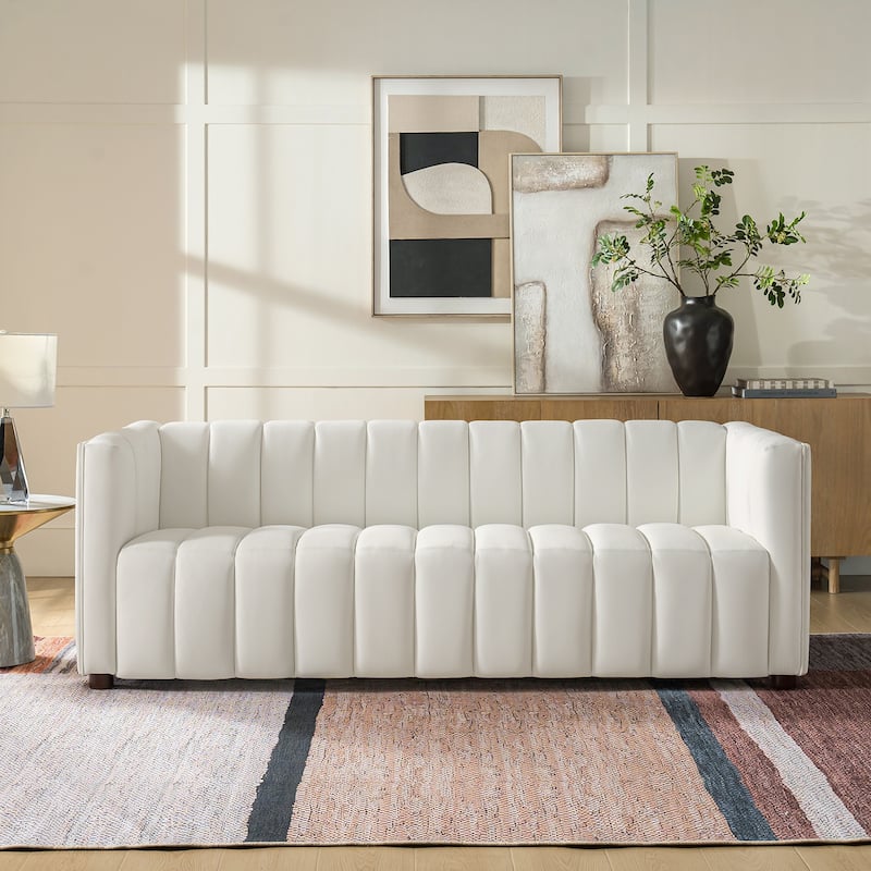 Olinto Modern 83-Inch Genuine Leather Tufted Couch Sofa with Channel Back by HULALA HOME