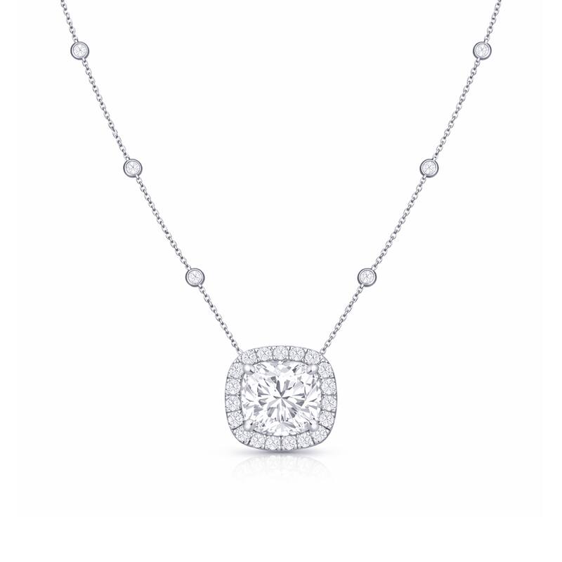 Auriya 14K Gold Lab Grown Cushion Diamond Halo Pendant with Bezel Necklace 1.00 to 5.00 ct. tw. (F-G VS) - White - 3.26ct. tw.