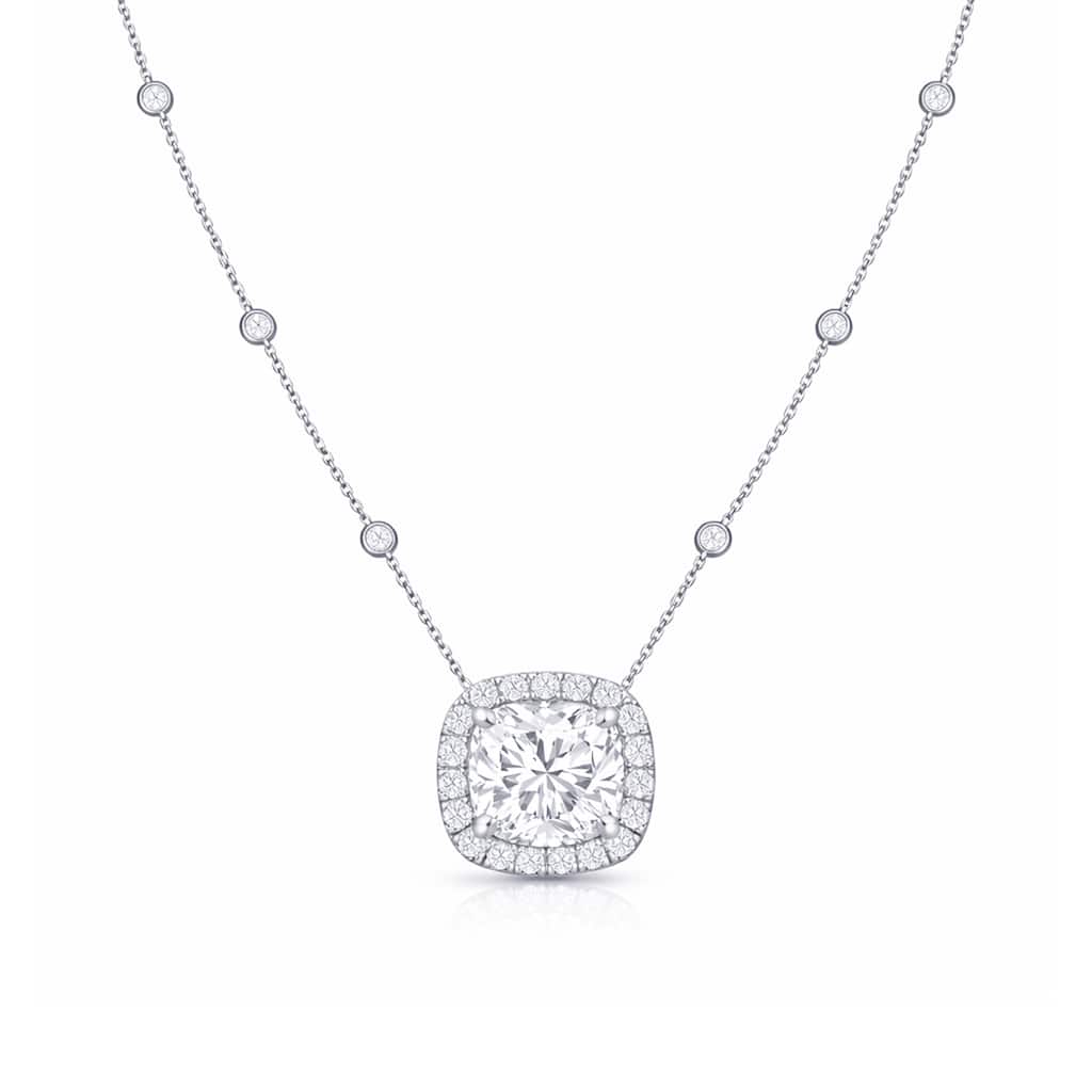 Auriya 14K Gold Lab Grown Cushion Diamond Halo Pendant with Bezel Necklace 1.00 to 5.00 ct. tw. (F-G VS)