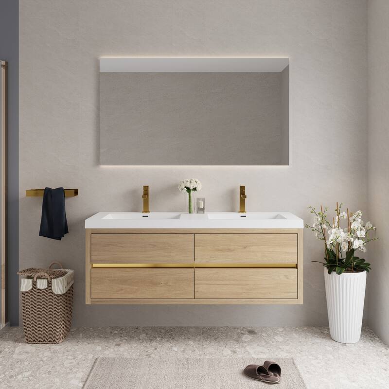 Wall-Mounted Bathroom Vanity with White Stone Resin Top - 59.06'' x 19.69'' x 22.44'' - Natural Oak