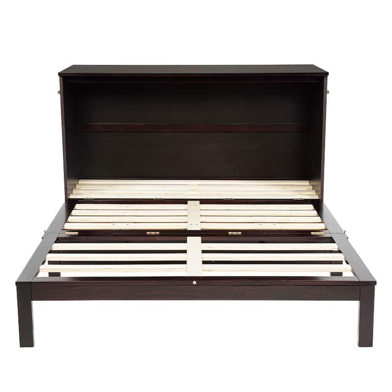Queen Size Murphy Bed with Drawer Pine Wood Cabinet Bed with Power Station and Rattan Decoration Panel