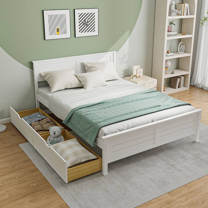Gymax Twin/Full Size Wooden Bed Frame w/ 2 Storage Drawers & Under-bed