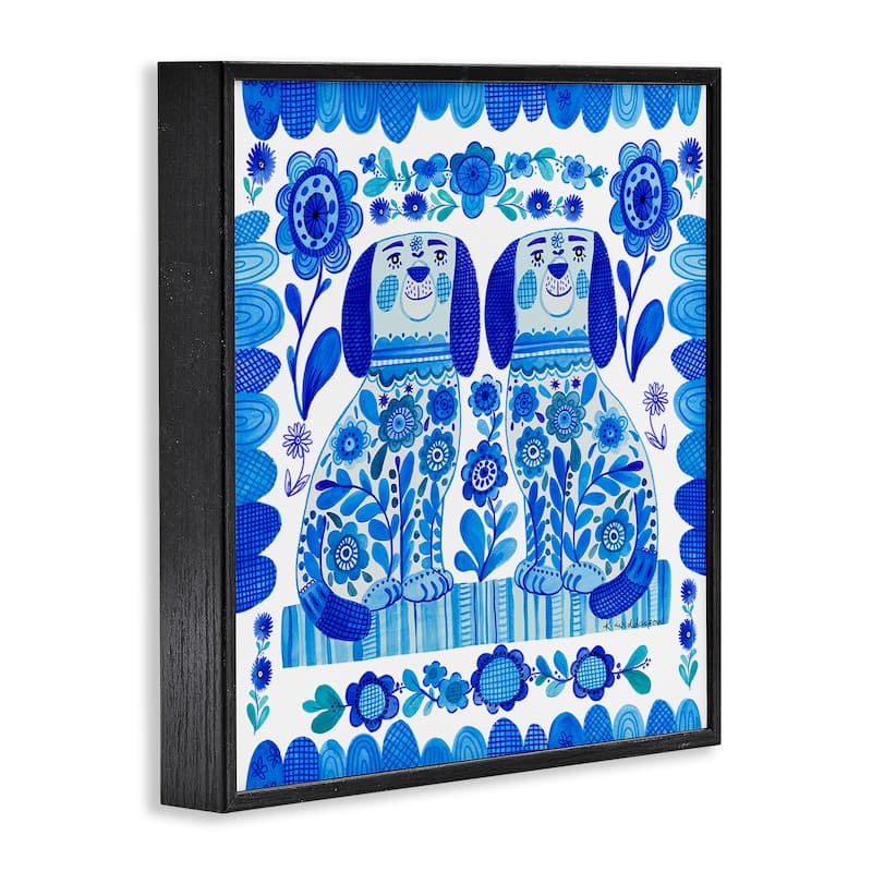 Stupell Blue Folk Style Puppies Framed Giclee Art Design By Kay Widdowson