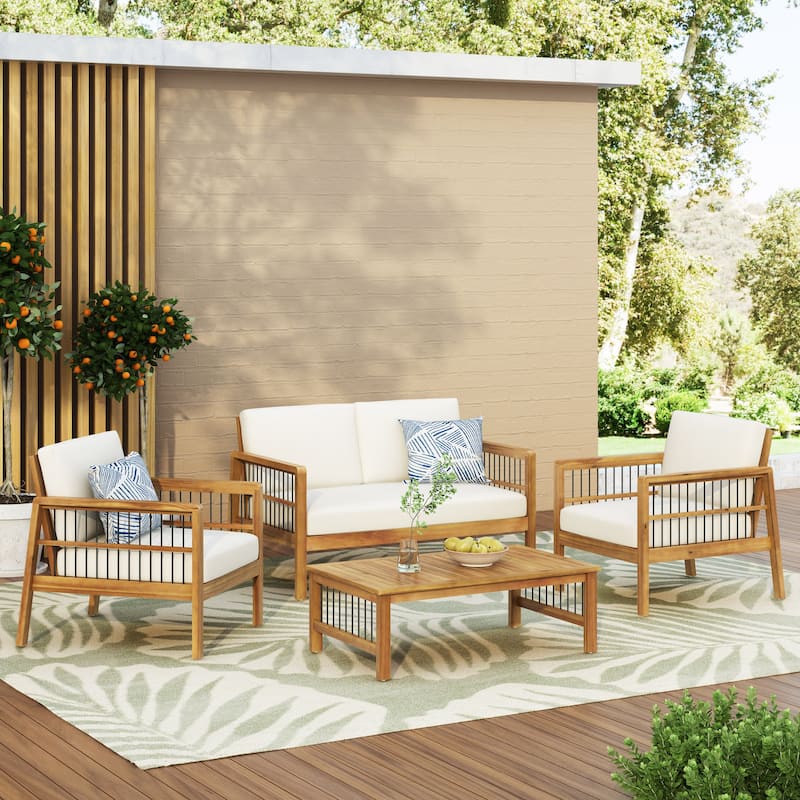 Elias Outdoor Acacia Wood Outdoor Chat Set by Christopher Knight Home - Teak + Black Metal + Beige