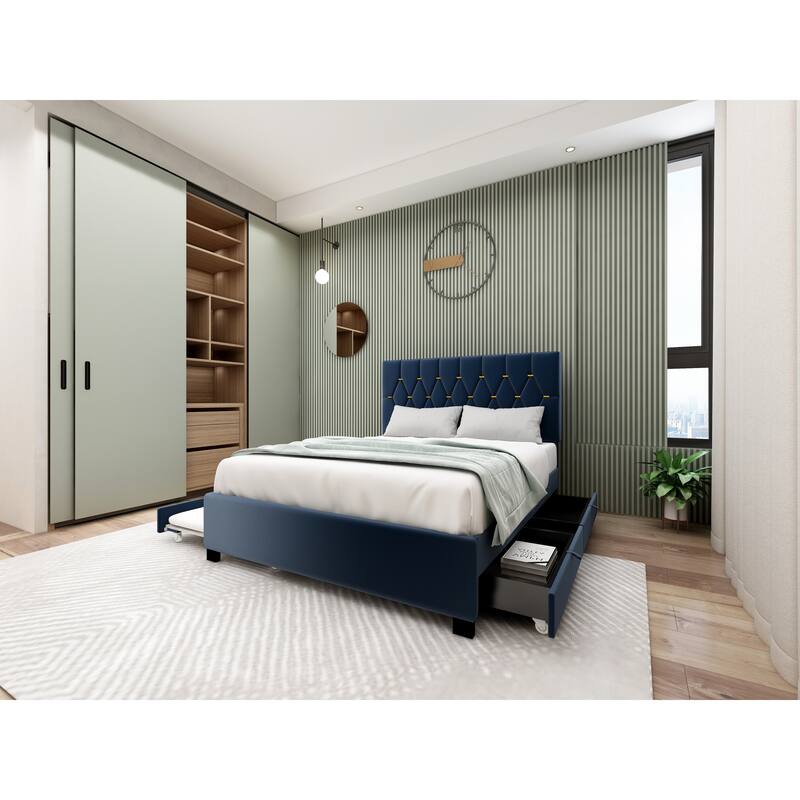 Queen Size Trundle Bed Upholstered Platform Bed Frame with Pull-Out Twin Trundle and Two Storage Drawers, No Box Spring Needed