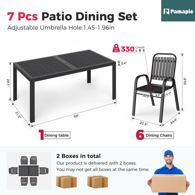 6-Person Patio Dining Set, Stackable Chairs and Rectangular Steel Table with Umbrella Hole
