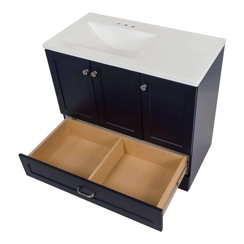Spring Mill Cabinets Emlyn 36.5" Bathroom Vanity With Shelves, Drawer, and White Sink Top