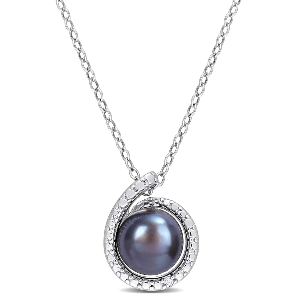 Miadora 8-8.5mm Black Cultured Freshwater Pearl and Diamond Accent Swirl Pendant with Chain in Sterling Silver - 13 mm x 11.5 mm