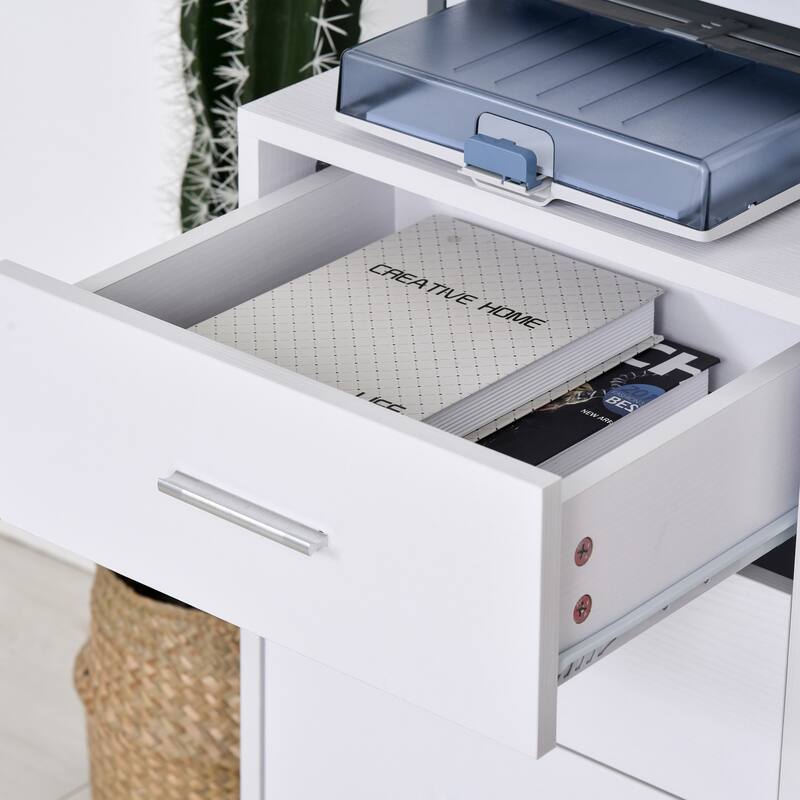 HOMCOM Indoor Office Storage Cabinet with 3 Storage Drawers, Open Shelving, & Wheels
