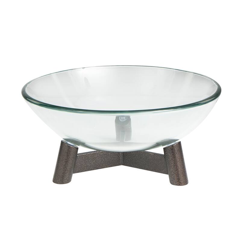 Clear Glass Serving Bowl with Bronze Hammered Y-Shaped Stand