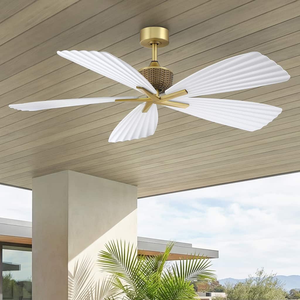 56" Tropical White Palm Leaf 5-Blade Indoor Outdoor Ceiling Fan with Remote, No Light