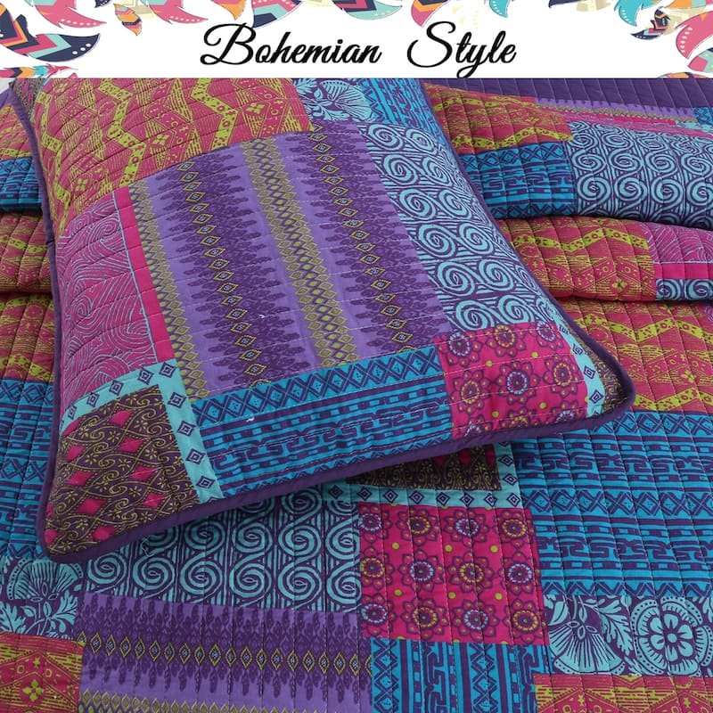 Cozy Line Aldiana 3-Piece Purple Patchwork Reversible Cotton Quilt Bedding Set