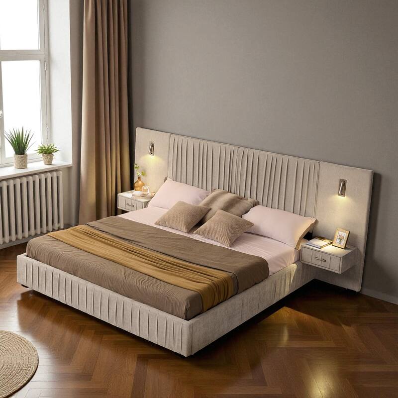 King Upholstered Platform Bed with Pleated Chenille Headboard, Built-in Bedside Table & Adjustable Lamps, No Box Spring