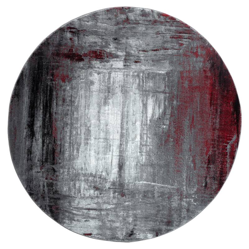 Samos Collection Abstract Area Rug - 6'11" Round - Red/Grey