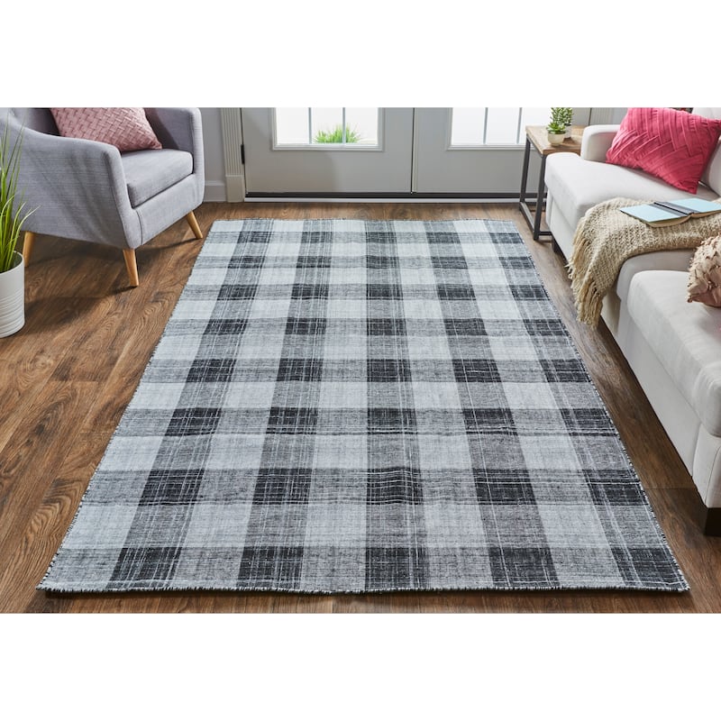 Moya Modern Farmhouse Plaid Rug, Black and Gray, Runner