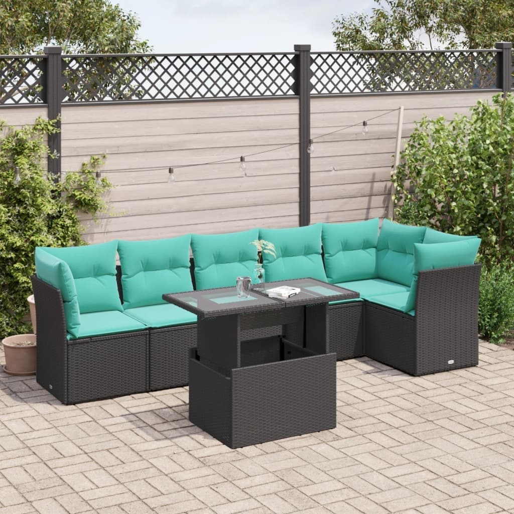 vidaXL 7 Piece Garden Sofa Set with Cushions Black Poly Rattan - 24.41 x 24.41 x 27.17