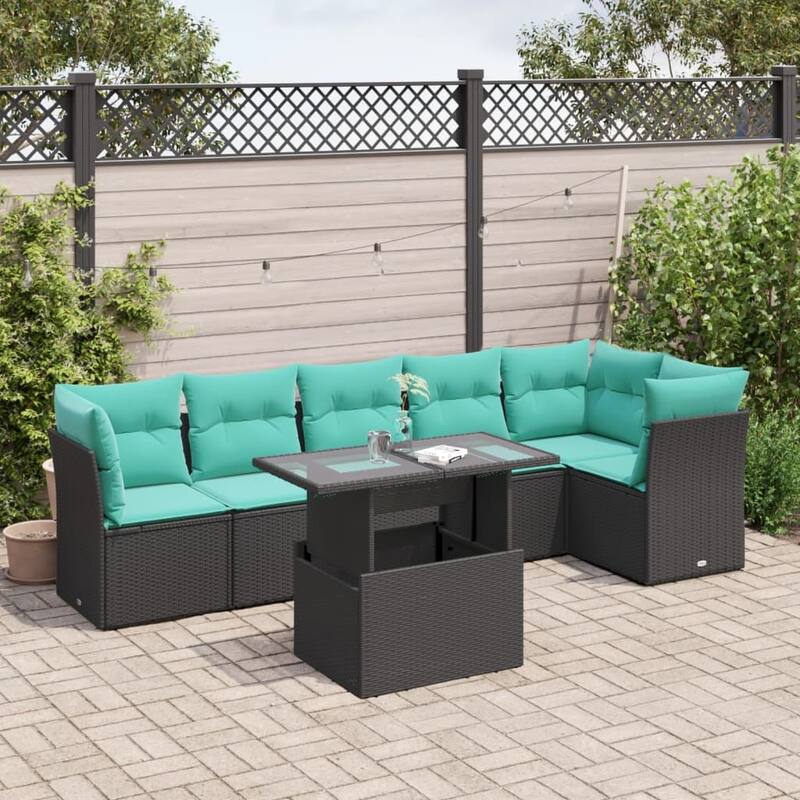 vidaXL 7 Piece Garden Sofa Set with Cushions Black Poly Rattan - 24.41 x 24.41 x 27.17