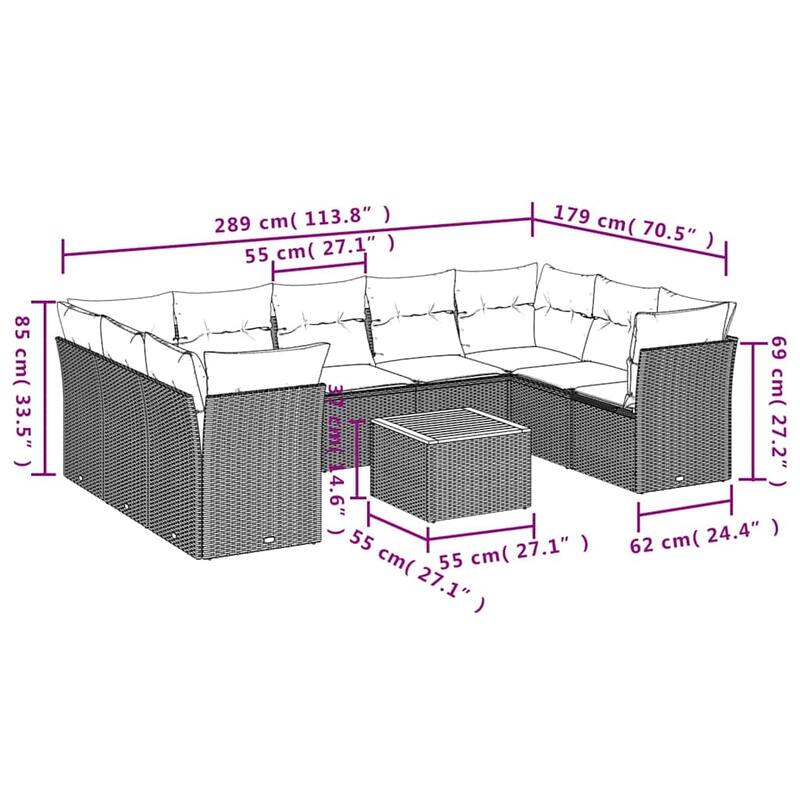 vidaXL Patio Sofa Set with Cushions Outdoor Furniture 10 Piece Poly Rattan - 24.4 x 24.4 x 27.2