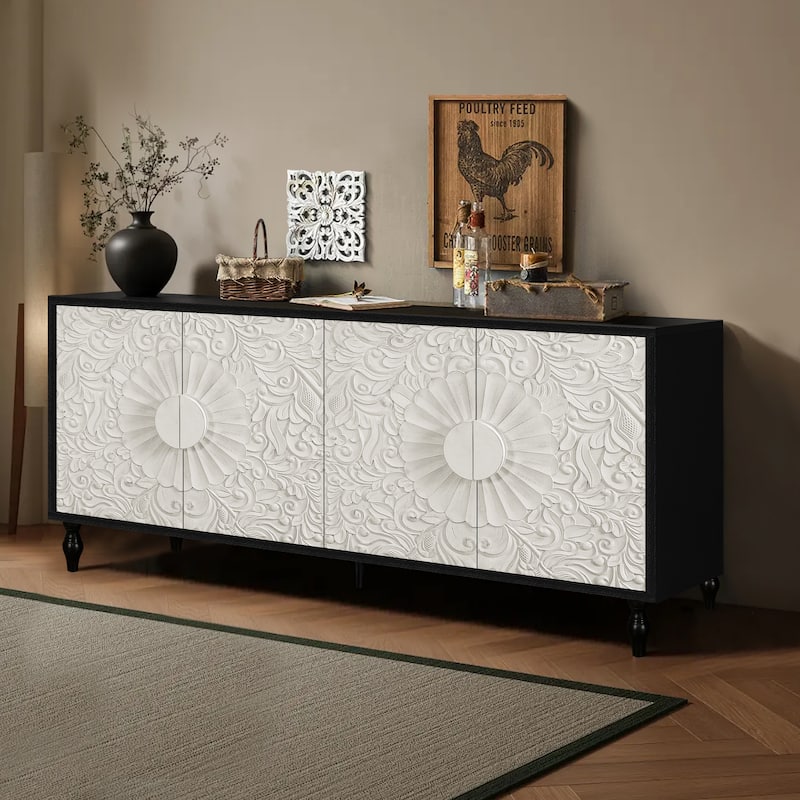 Black White 62.99" Accent TV Stand Cabinet with Carved Pattern Door, Storage Shelf, and Solid Wood Leg for Living Room