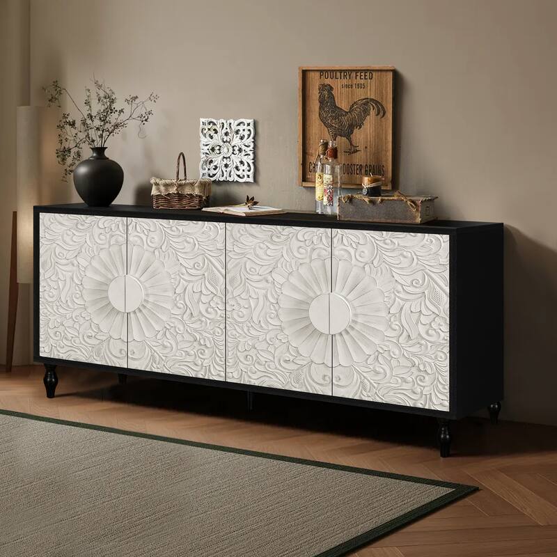 Carved Doors Storage Cabinet Buffet Sideboard Console Table, Black White