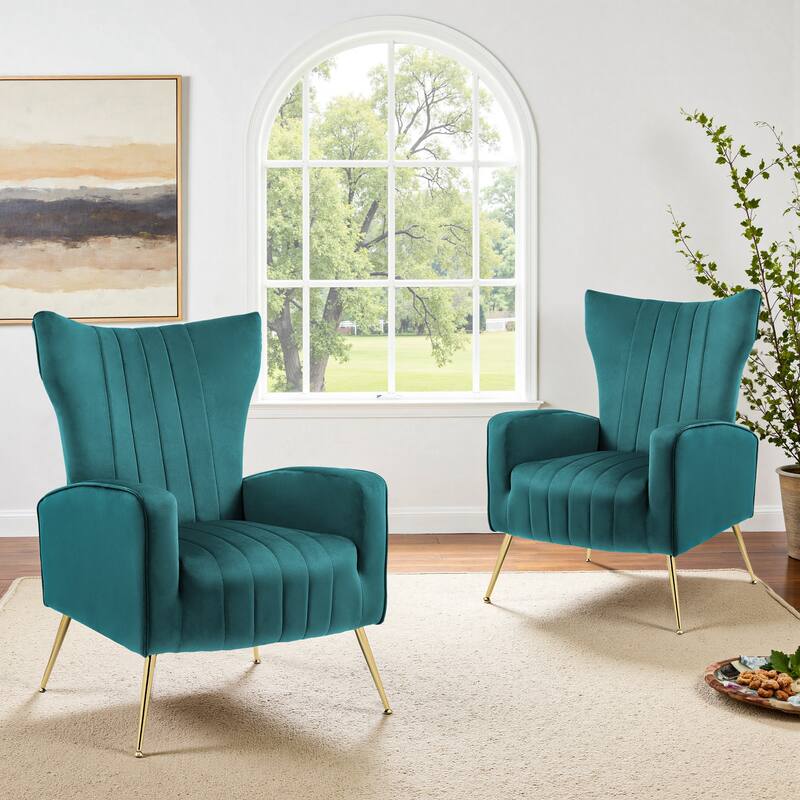 2 Set Velvet Wingback Accent Chairs with Metal Legs for Living Room