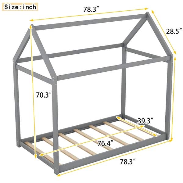 dimension image slide 1 of 2, Twin Size Wooden House Bed in Grey, Pine Wood & MDF Frame, Durable & Sturdy Construction, Ideal for Kids' Bedroom