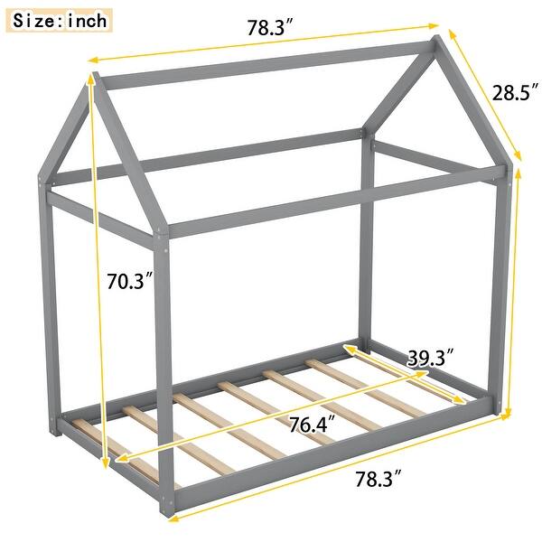 Wooden Twin Size Wooden House-Shaped Kids Bed Frame, Flush Hardware for Easy Cleaning, Sturdy & Durable, Easy Assembly, Grey