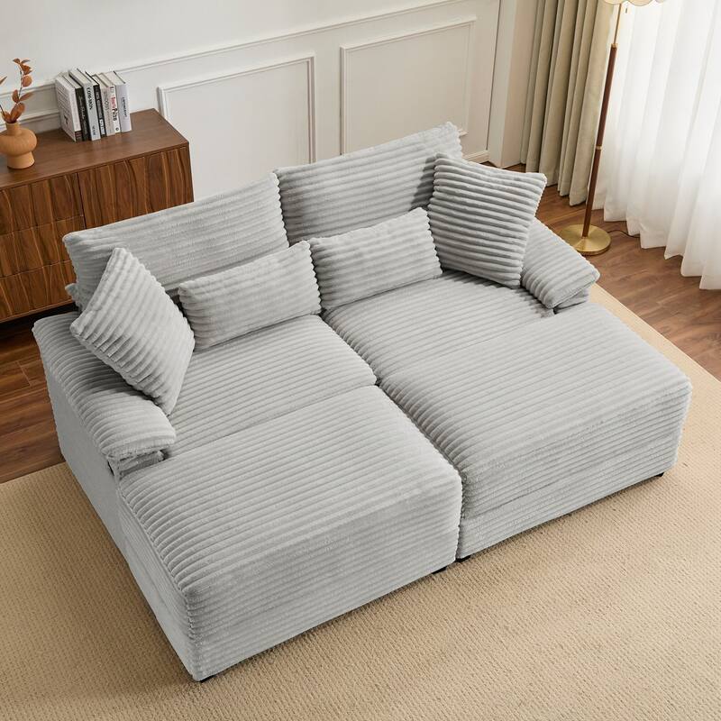 Double Chaise Lounge Set with Reversible Ottoman - Soft Corduroy Fabric, Storage Ottomans,USB Port, Multi-Functional Seat/Table - Grey