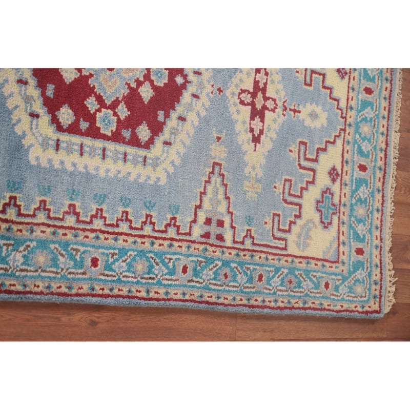 Geometric Kazak Accent Rug Handmade Blue Wool Carpet - 3'0"x 4'11"