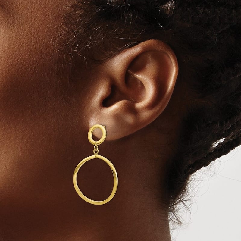 Curata 10k Yellow Gold Italian Polished Double Circle Dangle Post Earrings (18mm x 37mm)
