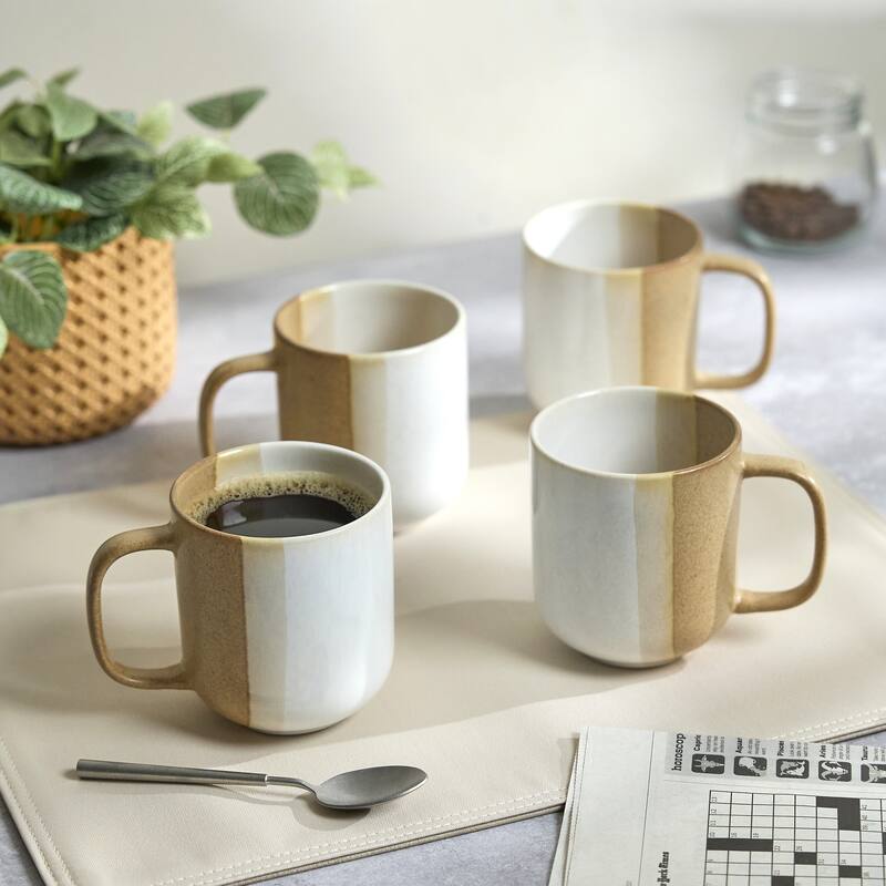 Sango Phoebe Caramel/White Coffee Mugs Set of 4, 15 oz Ceramic Cups