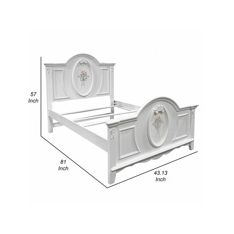 Auri Twin Size Bed, Floral Motifs Arched Headboard, Classic White Wood