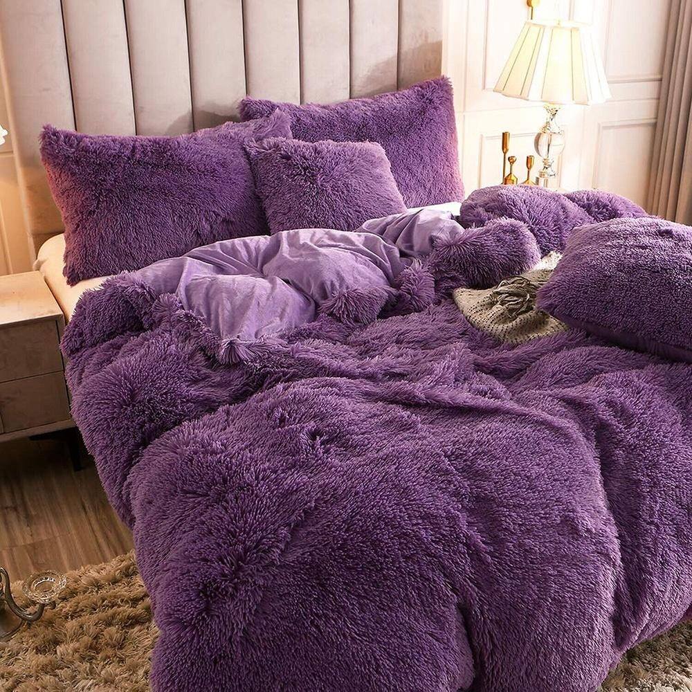 Twin Faux Fur Velvet Fluffy Bedding Duvet Cover Set Purple Bed Bath