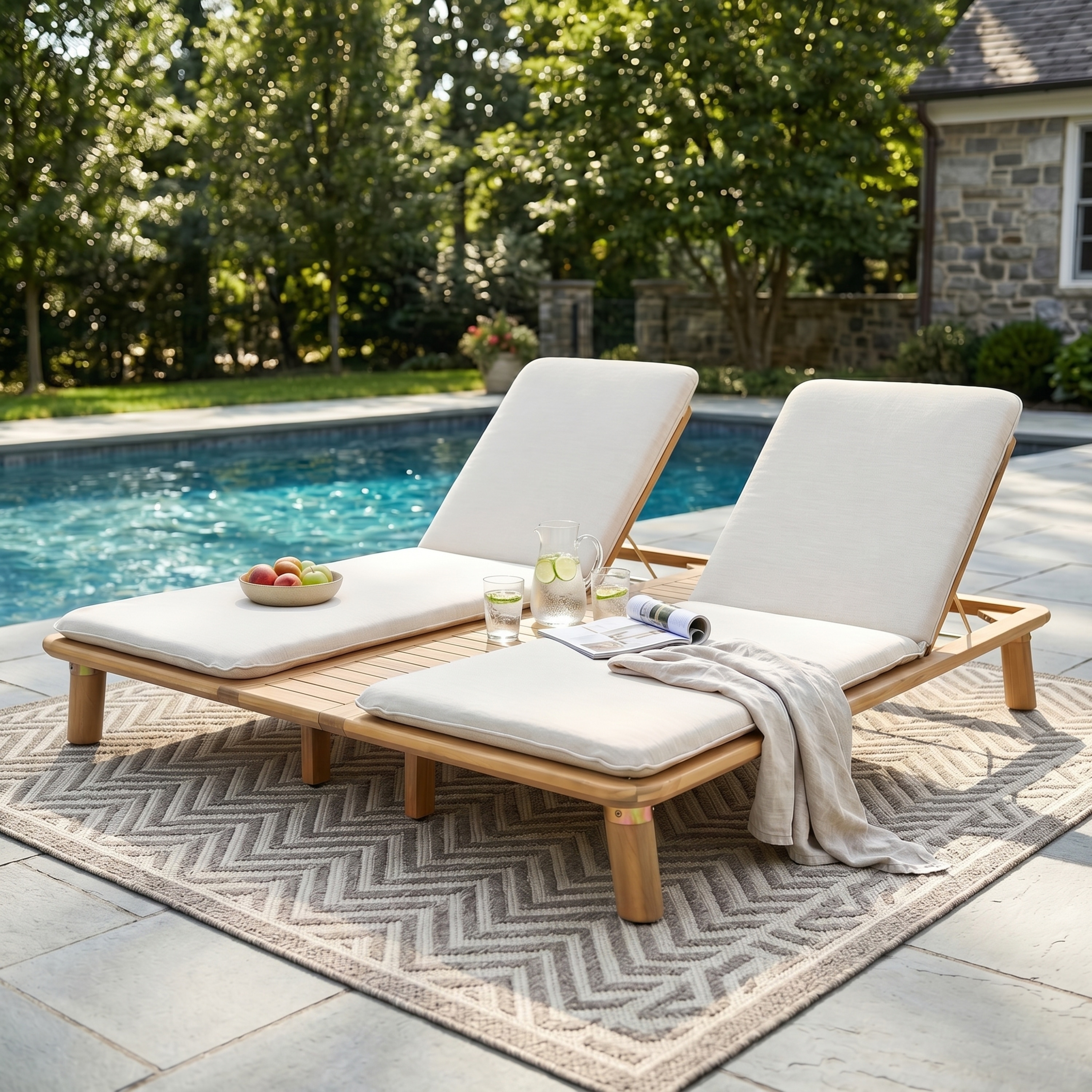 Christopher Knight Home - Tibbo Outdoor Double Chaise Lounge, Acacia Wood Slatted Frame & Water-Resistant Foam Cushions