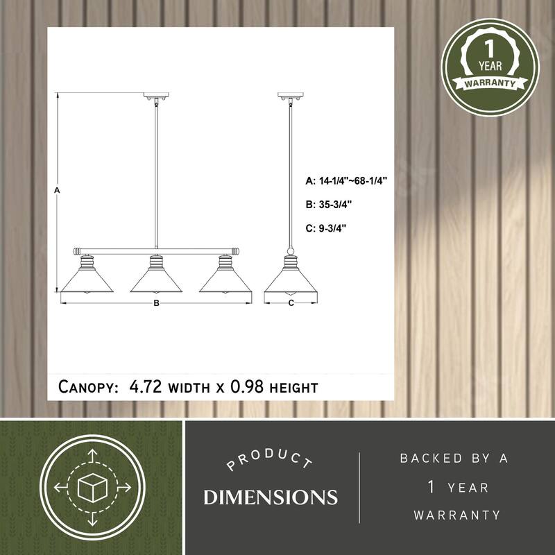 Akron 3L Bronze Farmhouse Linear Chandelier Island Pendant Fixture Pool Table Light - 35.75-in W x 14.25-in H x 9.75-in D