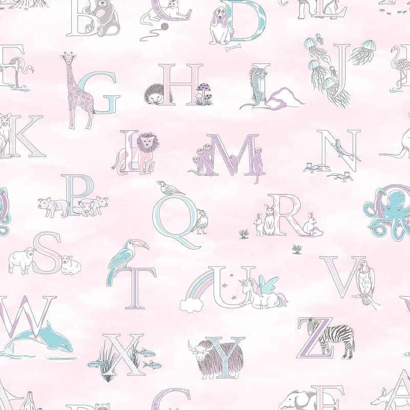 Galerie Wallcoverings Just 4 Kids 2 Letter Animals Non-woven Matte Wallpaper Roll - 33 feet x 21 inches - Pink