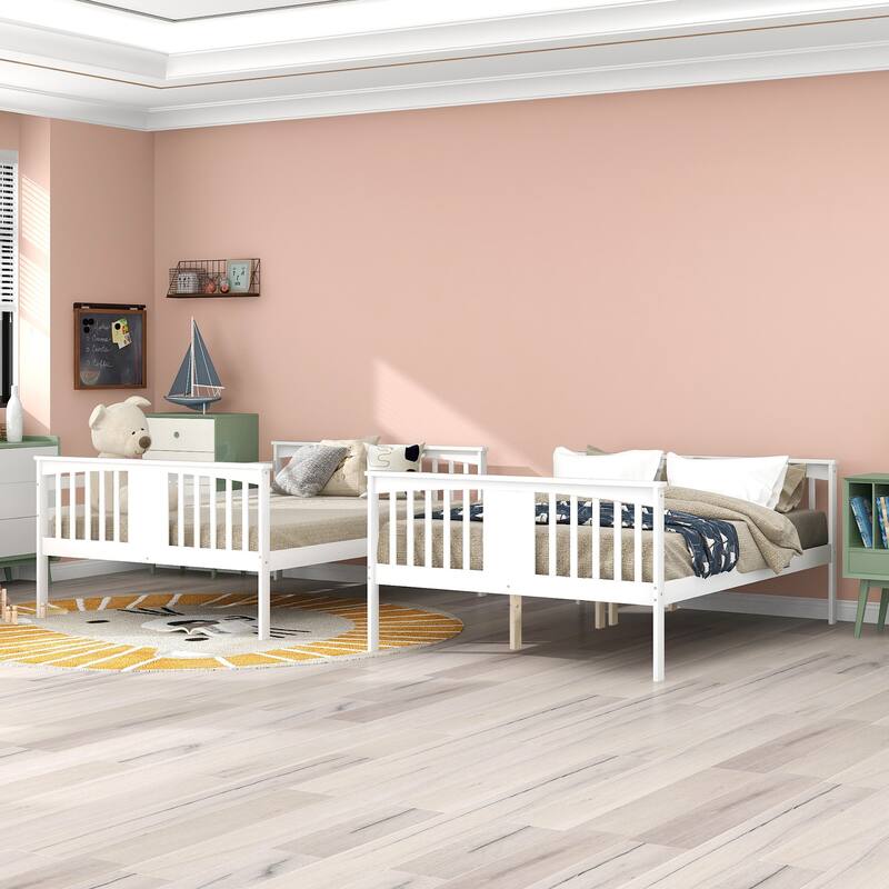 Full over Full Size Bunk Bed Wooden Frame Bunk Bed with Ladder and Fence Guardrail, Kids Children's Bed for Bedroom, Guest Room
