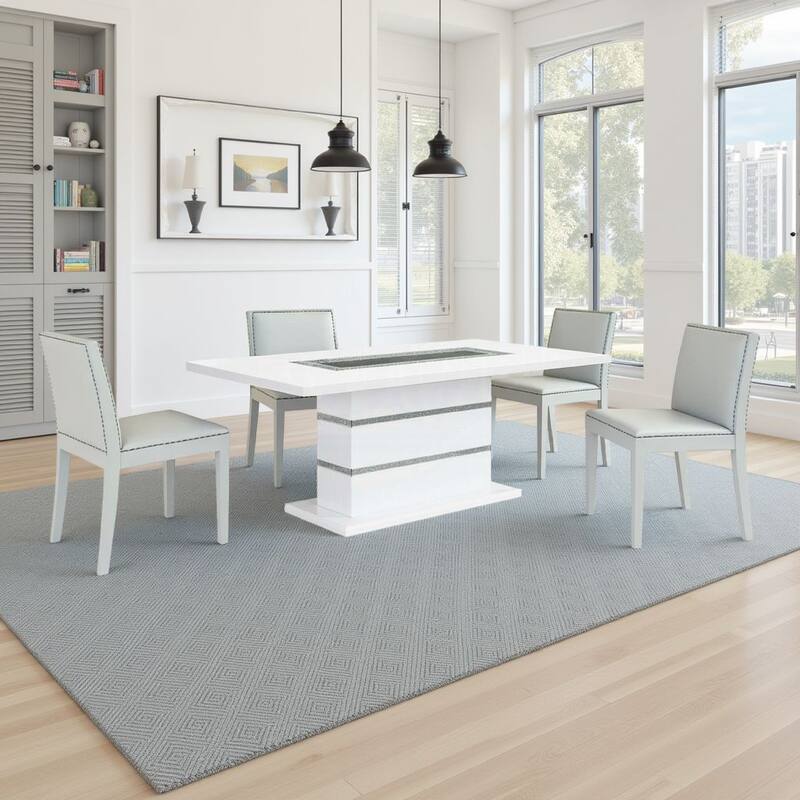 Zav Dining Table, 79 Inch Rectangular Top, White Gray Pedestal Base - Gray, White, Silver, Black