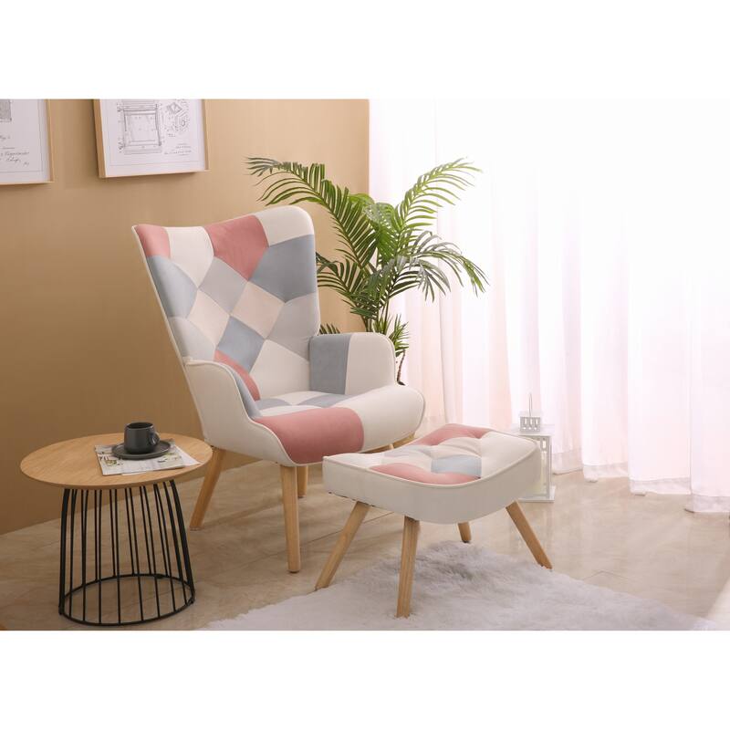 Accent Chair with Ottoman, Living Room Chair and Ottoman Set, Comfy Side Armchair for Bedroom, Creative Splicing Cloth Surface