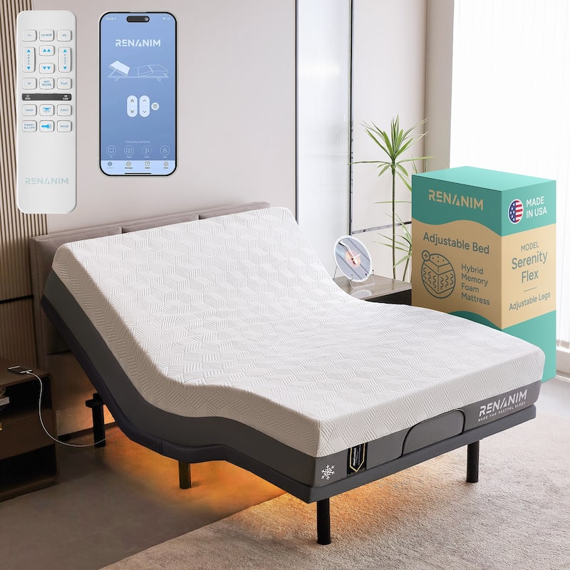 Renanim SF Adjustable Base w/ 12" Hybrid Mattress, Massage, USB, Underbed Light, App, Head & Foot Incline - Full