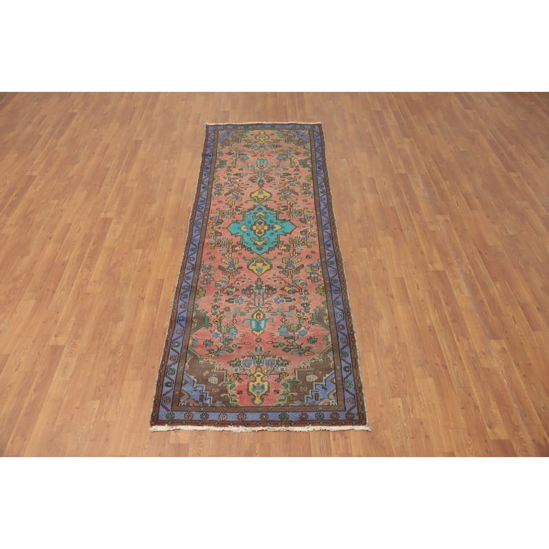 Hand Knotted Oriental 100% Wool Carpet Traditional Floral Pink Hamedan Runner Rug - 8' 10'' X 3' 1''