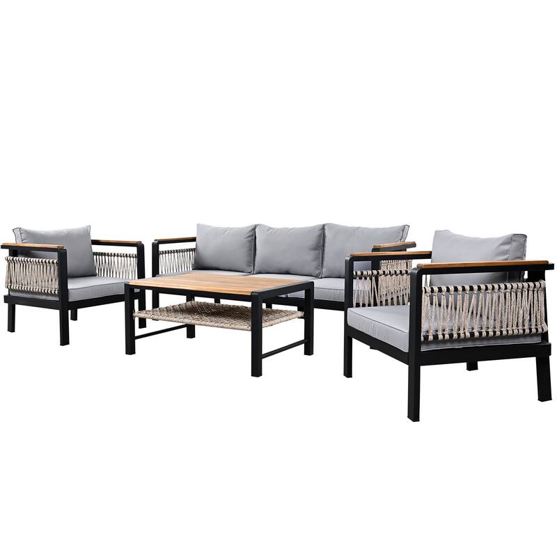 4 Pieces Outdoor Sectional Sofa Set, 5-Person Patio Seating Group Outdoor Conversation Set with Cushions and Coffee Table