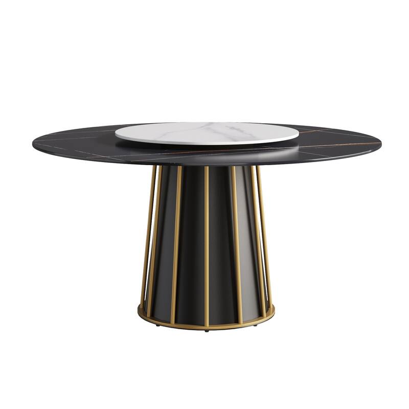 Round Metal Pedestal Dining Table Round Sintered Stone Table with Lazy Susan
