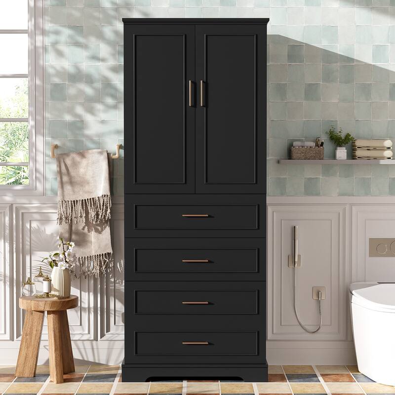 72.2"Tall Freestanding Bathroom Cabinet with 3 Drawers, Adjustable Shelf, Soft-Close Doors, MDF Panels, Steel Handles - Black