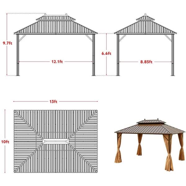 dimension image slide 11 of 17, Outdoor Hardtop Gazebo Pergola w Galvanized Steel Roof and Aluminum Frame, Prime Curtains and nettings include