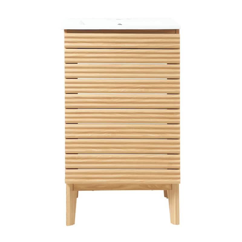 Javer Thin Linear Slat Modern Farmhouse 2-Shelf Bath Vanity Cabinet Only (Sink Basin not Included), by JONATHAN Y - 20 in. - Oak