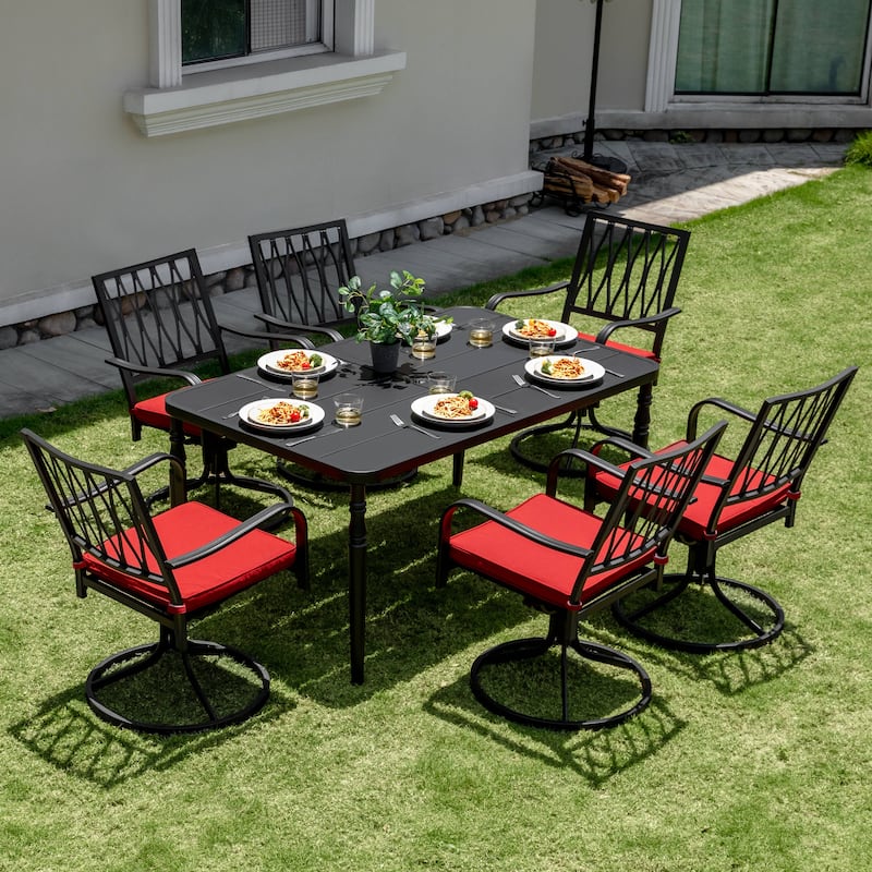 Patio Metal Dining Set with 6 Swivel Chairs and Umbrella Hole, Black